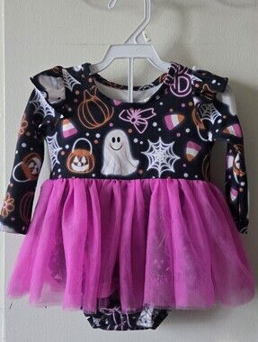 Girls Halloween Ghost & Pumpkin Tutu Bodysuit - Pink and Black